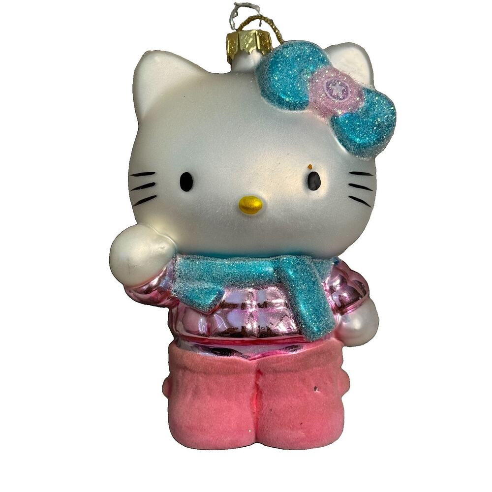Sanrio Hello Kitty Glass Christmas Ornament Blue Bow Scarf 2008 Girly Girl